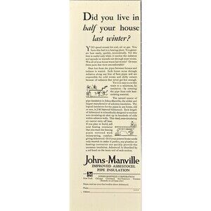 Johns-Manville "Improved Asbestocel Pipe Insulation" Vintage Print Ad 1929
